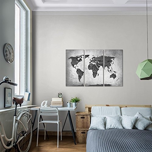Bilder Weltkarte World map Wandbild 120 x 80 cm Vlies - Leinwand Bild XXL Format Wandbilder Wohnzimmer Wohnung Deko Kunstdrucke Grau 3 Teilig - Made IN Germany - Fertig zum Aufhängen 107631c