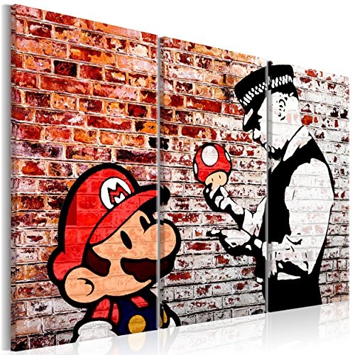 decomonkey Bilder Mario and Cop Banksy 120x80 cm 3 Teilig Leinwandbilder Bild auf Leinwand Vlies Wandbild Kunstdruck Wanddeko Wand Wohnzimmer Wanddekoration Deko Street Art