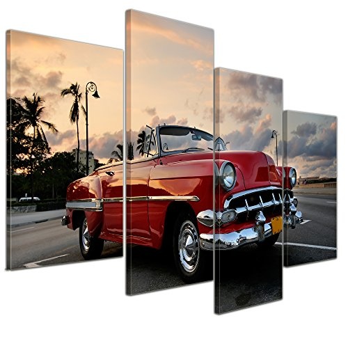 Wandbild - Roter Oldtimer in Havanna - Bild auf Leinwand - 120x80 cm vierteilig - Leinwandbilder - Motorisiert - Kuba - US-amerikanischer Oldtimer