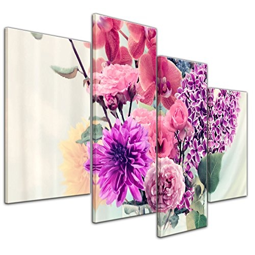 Wandbild - Blumen in Einer Vase - Bild auf Leinwand 120 x 80 cm vierteilig - Leinwandbilder - Bilder als Leinwanddruck - Pflanzen & Blumen - Malerei - rote und Violette Blumen