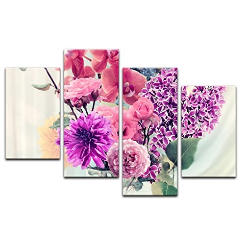 Wandbild - Blumen in Einer Vase - Bild auf Leinwand 120 x 80 cm vierteilig - Leinwandbilder - Bilder als Leinwanddruck - Pflanzen & Blumen - Malerei - rote und Violette Blumen