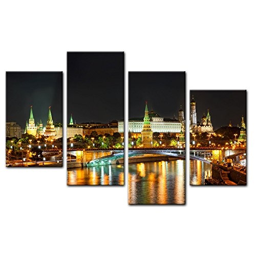 Wandbild - Nachtansicht des Kreml - Moskau - Bild auf Leinwand - 120x80 cm vierteilig - Leinwandbilder - Städte & Kulturen - Russland - Architektur - Sehenswürdigkeit - Moskwa