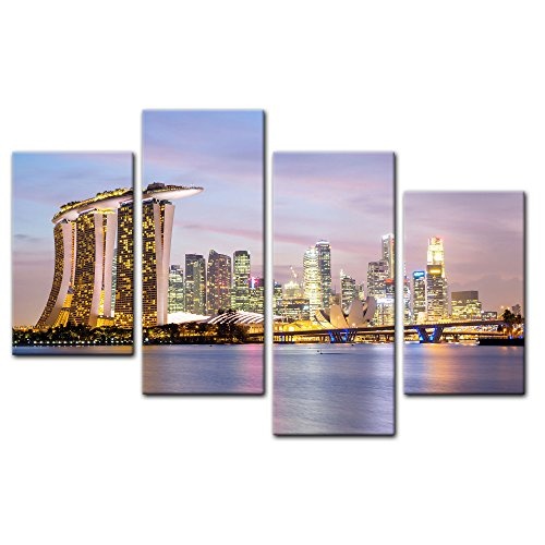 Wandbild - Singapur - Skyline II - Bild auf Leinwand - 120x80 cm vierteilig - Leinwandbilder - Städte & Kulturen - Asien - Hotel Marina Bay Sands - Wolkenkratzer - beleuchtet