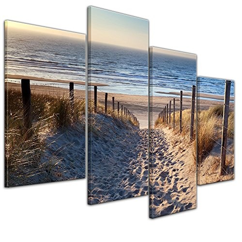 Wandbild - Schöner Weg zum Strand III - Bild auf Leinwand - 120x80 cm vierteilig - Leinwandbilder - Urlaub, Sonne & Meer - Nordsee - Dünen mit Strandgräsern - Idylle - Erholung