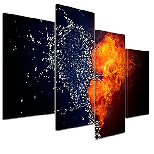 Wandbild - Herz Feuer und Wasser - Bild auf Leinwand - 120x80 cm vierteilig - Leinwandbilder - Urban & Graphic - Elemente im Gegensatz