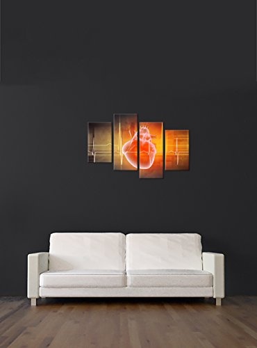 Wandbild - Abstrakte Kunst XXXI - Bild auf Leinwand - 120x80 cm vierteilig - Leinwandbilder - Abstrakt - futuristisch - Herz orange