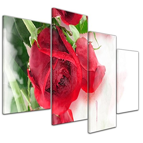Wandbild - Rote Rosen - Bild auf Leinwand 120 x 80 cm vierteilig - Leinwandbilder - Bilder als Leinwanddruck - Pflanzen & Blumen - Malerei - Zeichnung - Rosenblüten