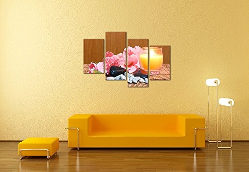 Wandbild - Gladiole mit Zensteinen und Kerze - Bild auf Leinwand - 120x80 cm vierteilig - Leinwandbilder - Geist & Seele - Wellness - Orchideenblüten - Entspannung
