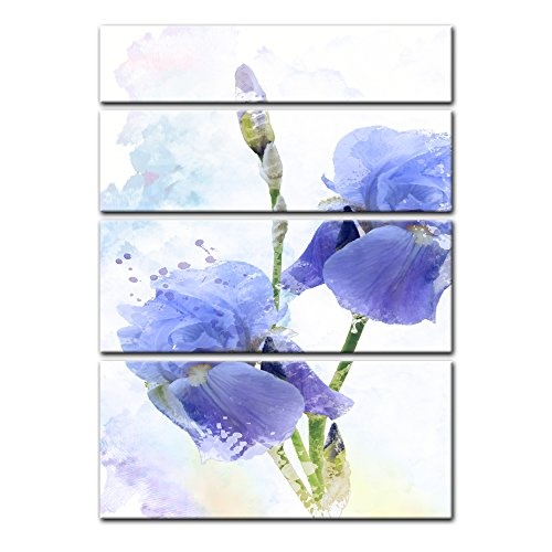 Keilrahmenbild - Aquarell - Iris Blumen - Bild auf Leinwand 120 x 180 cm vierteilig - Leinwandbilder - Bilder als Leinwanddruck - Pflanzen & Blumen - Malerei - Natur - Blaue Irisblüten