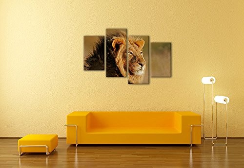 Wandbild - Afrikanischer Löwe - Bild auf Leinwand - 120x80 cm vierteilig - Leinwandbilder - Tierwelten - Portrait eines Löwen