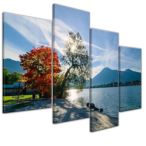 Wandbild - Schöner Morgen am See - Bild auf Leinwand - 120x80 cm vierteilig - Leinwandbilder - Landschaften - Herbst - Bäume am Seeufer - sonnig