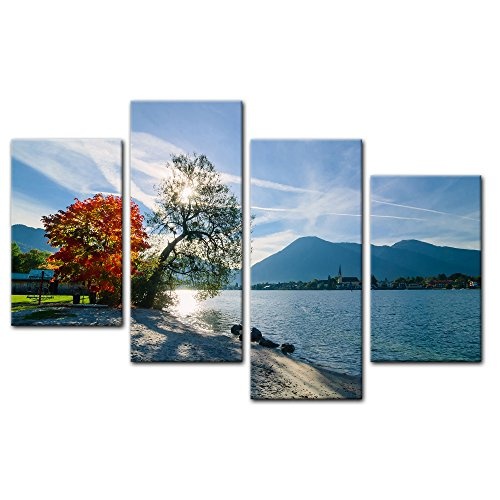 Wandbild - Schöner Morgen am See - Bild auf Leinwand - 120x80 cm vierteilig - Leinwandbilder - Landschaften - Herbst - Bäume am Seeufer - sonnig