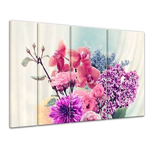 Keilrahmenbild - Blumen in Einer Vase - Bild auf Leinwand 180 x 120 cm vierteilig - Leinwandbilder - Bilder als Leinwanddruck - Pflanzen & Blumen - Malerei - rote und Violette Blumen