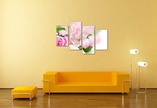 Wandbild - Blumengesteck - Bild auf Leinwand - 120x80 cm vierteilig - Leinwandbilder - Geist & Seele - Blumenstrauß mit Rosen und Lilien - Pastelltöne - rosé - weiß