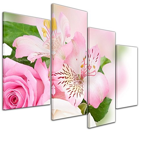 Wandbild - Blumengesteck - Bild auf Leinwand - 120x80 cm vierteilig - Leinwandbilder - Geist & Seele - Blumenstrauß mit Rosen und Lilien - Pastelltöne - rosé - weiß