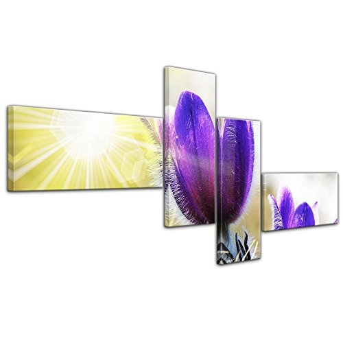 Wandbild - Lila Feldblumen - Bild auf Leinwand - 200x90 cm vierteilig - Leinwandbilder - Pflanzen & Blumen - Frühling - Frühblüher - Violette Krokusse im Sonnenlicht