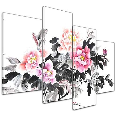 Wandbild - Aquarell - Chinesische Blume II - Bild auf Leinwand 120 x 80 cm vierteilig - Leinwandbilder - Bilder als Leinwanddruck - Pflanzen & Blumen - Malerei - Asien - rosafarbene Blüten