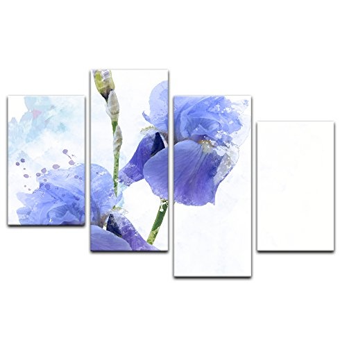 Wandbild - Aquarell - Iris Blumen - Bild auf Leinwand 120 x 80 cm vierteilig - Leinwandbilder - Bilder als Leinwanddruck - Pflanzen & Blumen - Malerei - Natur - Blaue Irisblüten