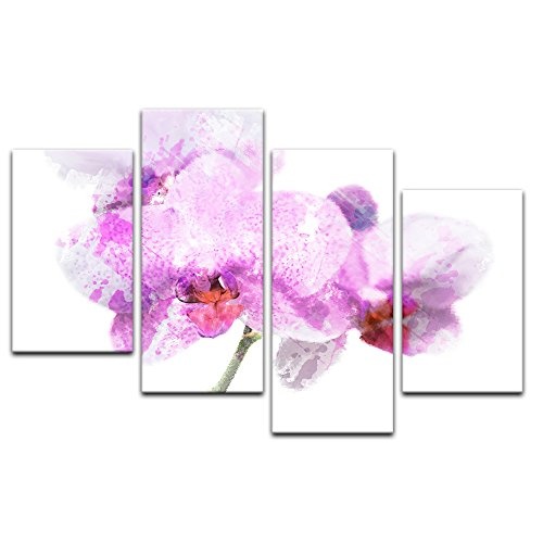 Wandbild - Aquarell - Lila Orchidee - Bild auf Leinwand 120 x 80 cm vierteilig - Leinwandbilder - Bilder als Leinwanddruck - Pflanzen & Blumen - Malerei - Natur - Gewächs - Violette Orchideenblüte