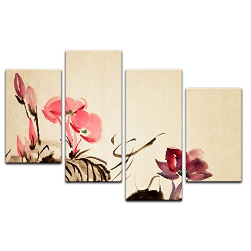 Wandbild - Aquarell - Chinesische Blume III - Bild auf Leinwand 120 x 80 cm vierteilig - Leinwandbilder - Bilder als Leinwanddruck - Pflanzen & Blumen - Malerei - Asien - rosafarbene Blüten