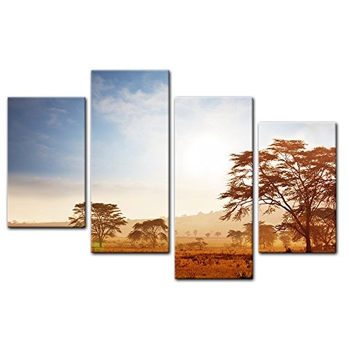 Wandbild - Kenia - Bild auf Leinwand - 120x80 cm vierteilig - Leinwandbilder - Landschaften - staubige Savane am Morgen