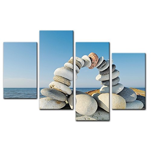 Wandbild - Steinbogen - Bild auf Leinwand - 120x80 cm vierteilig - Leinwandbilder - Geist & Seele - Bogen Balance - Land Art - Steine balancieren als Bogen