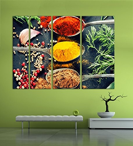 Keilrahmenbild - Kräuter und Gewürze - Bild auf Leinwand - 180x120 cm vierteilig - Leinwandbilder - Essen & Trinken - farbenfrohe Gewürze auf Löffeln