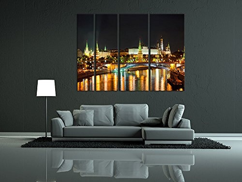 Keilrahmenbild - Nachtansicht des Kreml - Moskau - Bild auf Leinwand - 180x120 cm vierteilig - Leinwandbilder - Städte & Kulturen - Russland - Architektur - Sehenswürdigkeit - Moskwa