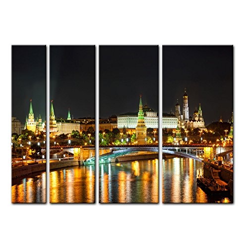 Keilrahmenbild - Nachtansicht des Kreml - Moskau - Bild auf Leinwand - 180x120 cm vierteilig - Leinwandbilder - Städte & Kulturen - Russland - Architektur - Sehenswürdigkeit - Moskwa