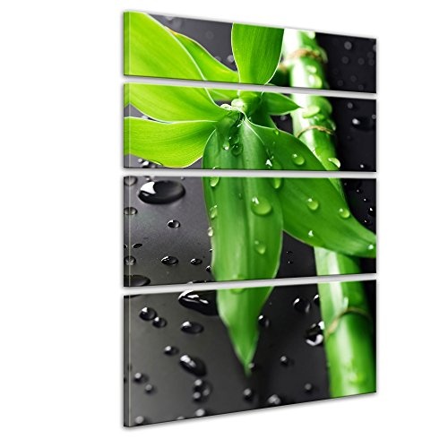 Keilrahmenbild - Frischer Bambus - Bild auf Leinwand - 120x180 cm vierteilig - Leinwandbilder - Geist & Seele - asiatisch - Glücksbambus - Gras mit Wassertropfen