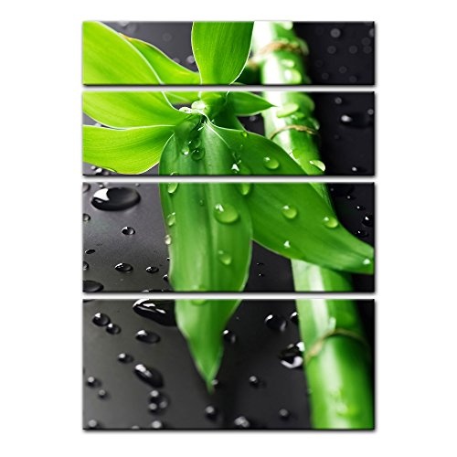 Keilrahmenbild - Frischer Bambus - Bild auf Leinwand - 120x180 cm vierteilig - Leinwandbilder - Geist & Seele - asiatisch - Glücksbambus - Gras mit Wassertropfen