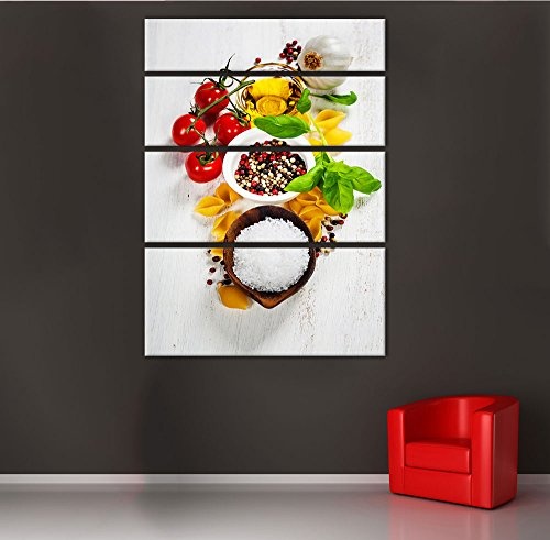 Keilrahmenbild - Italienische Pasta III - Bild auf Leinwand - 120x180 cm vierteilig - Leinwandbilder - Essen & Trinken - Nudeln mit mediterranen Zutaten