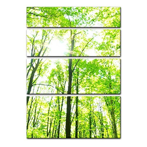 Keilrahmenbild - Grüner Wald - Bild auf Leinwand - 120x180 cm vierteilig - Leinwandbilder - Landschaften - Baumkronen im Sonnenschein