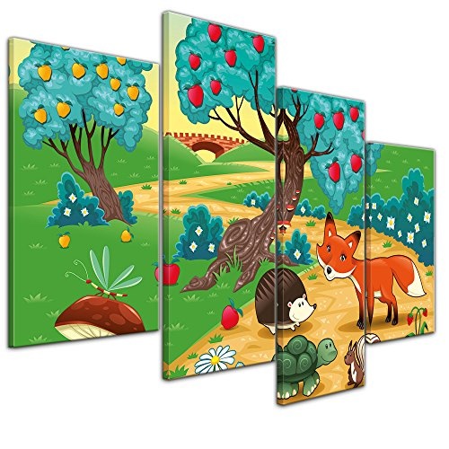Wandbild - Kinderbild Tiere im Wald - Bild auf Leinwand - 120x80 cm vierteilig - Leinwandbilder - Kinder - farbenfrohe Waldidylle mit Tieren