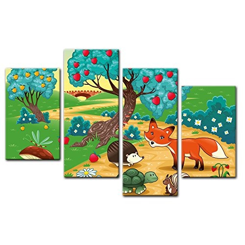 Wandbild - Kinderbild Tiere im Wald - Bild auf Leinwand - 120x80 cm vierteilig - Leinwandbilder - Kinder - farbenfrohe Waldidylle mit Tieren