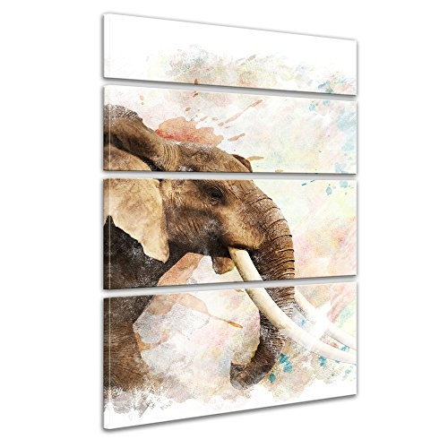 Keilrahmenbild - Aquarell - Elefant - Bild auf Leinwand 120 x 180 cm vierteilig - Leinwandbilder - Bilder als Leinwanddruck - Tierwelten - Malerei - bedrohte Tierart - Afrika - afrikanischer Elefant