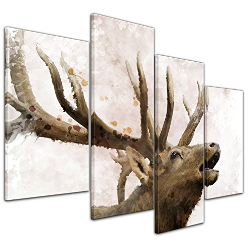 Wandbild - Aquarell - Hirsch - Bild auf Leinwand 120 x 80 cm vierteilig - Leinwandbilder - Bilder als Leinwanddruck - Tierwelten - Malerei - Geweih - Wild - röhrender Hirsch