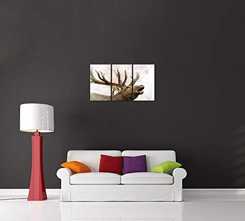 Wandbild - Aquarell - Hirsch - Bild auf Leinwand 120 x 80 cm vierteilig - Leinwandbilder - Bilder als Leinwanddruck - Tierwelten - Malerei - Geweih - Wild - röhrender Hirsch