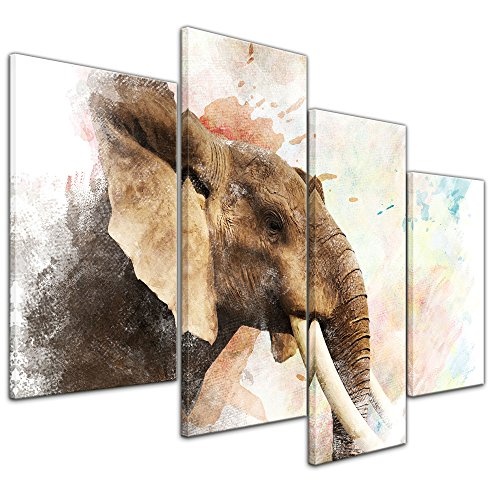 Wandbild - Aquarell - Elefant - Bild auf Leinwand 120 x 80 cm vierteilig - Leinwandbilder - Bilder als Leinwanddruck - Tierwelten - Malerei - bedrohte Tierart - Afrika - afrikanischer Elefant