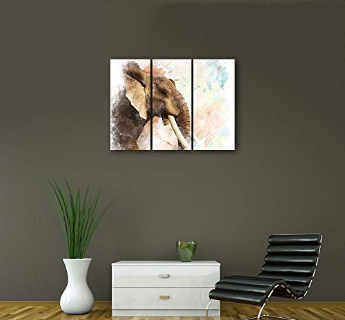 Wandbild - Aquarell - Elefant - Bild auf Leinwand 120 x 80 cm vierteilig - Leinwandbilder - Bilder als Leinwanddruck - Tierwelten - Malerei - bedrohte Tierart - Afrika - afrikanischer Elefant
