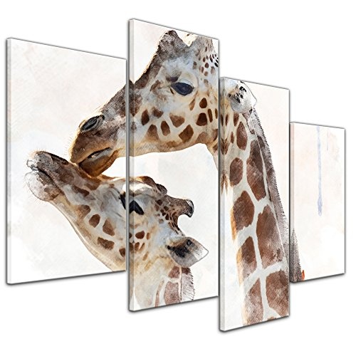 Wandbild - Aquarell - Giraffe - Bild auf Leinwand 120 x 80 cm vierteilig - Leinwandbilder - Bilder als Leinwanddruck - Tierwelten - Malerei - Afrika - Giraffe und Ihr Junges