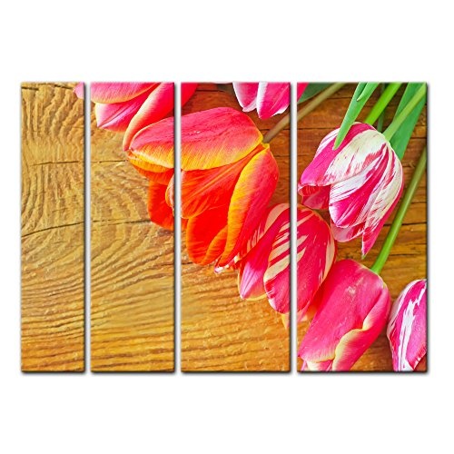 Keilrahmenbild - Tulpen - Bild auf Leinwand - 180x120 cm vierteilig - Leinwandbilder - Pflanzen & Blumen - Blumenstrauß - Blüten - pink - rot