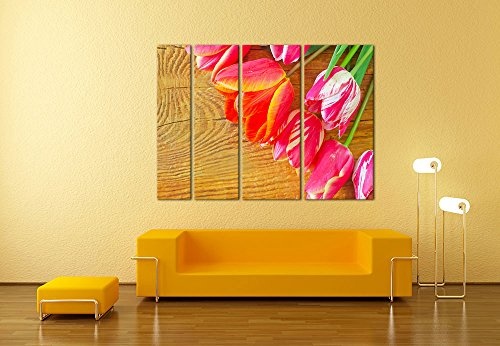 Keilrahmenbild - Tulpen - Bild auf Leinwand - 180x120 cm vierteilig - Leinwandbilder - Pflanzen & Blumen - Blumenstrauß - Blüten - pink - rot
