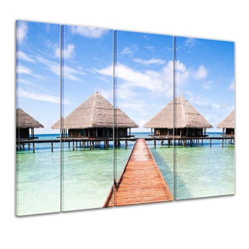Keilrahmenbild - Tropischer Strand - Bild auf Leinwand - 180x120 cm vierteilig - Leinwandbilder - Urlaub, Sonne & Meer -Indischer Ozean - Malediven - Resort - Wasserbungalow