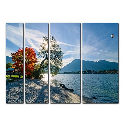 Keilrahmenbild - Schöner Morgen am See - Bild auf Leinwand - 180x120 cm vierteilig - Leinwandbilder - Landschaften - Herbst - Bäume am Seeufer - sonnig