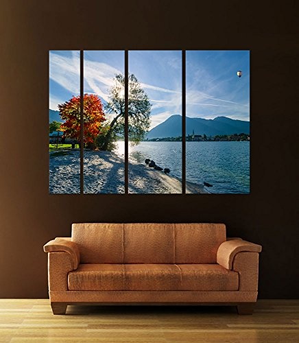 Keilrahmenbild - Schöner Morgen am See - Bild auf Leinwand - 180x120 cm vierteilig - Leinwandbilder - Landschaften - Herbst - Bäume am Seeufer - sonnig