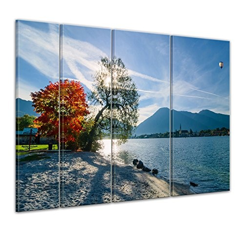 Keilrahmenbild - Schöner Morgen am See - Bild auf Leinwand - 180x120 cm vierteilig - Leinwandbilder - Landschaften - Herbst - Bäume am Seeufer - sonnig