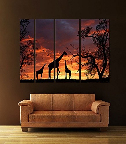 Keilrahmenbild - Giraffen im Sonnenuntergang - Bild auf Leinwand - 180x120 cm vierteilig - Leinwandbilder - Tierwelten - Afrika - Silhouetten von Giraffen in der Steppe