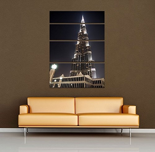 Keilrahmenbild - Burj Khalifa bei Nacht - Bild auf Leinwand - 120x180 cm vierteilig - Leinwandbilder - Städte & Kulturen - Vereinigte Arabische Emirate - Dubai - Architektur - Wolkenkratzer