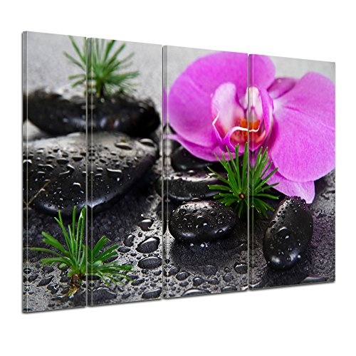 Keilrahmenbild - Zen Steine XI - Bild auf Leinwand - 180x120 cm vierteilig - Leinwandbilder - Geist & Seele - Erholung - Wellness - Steine mit Gras und Orchideenblüte